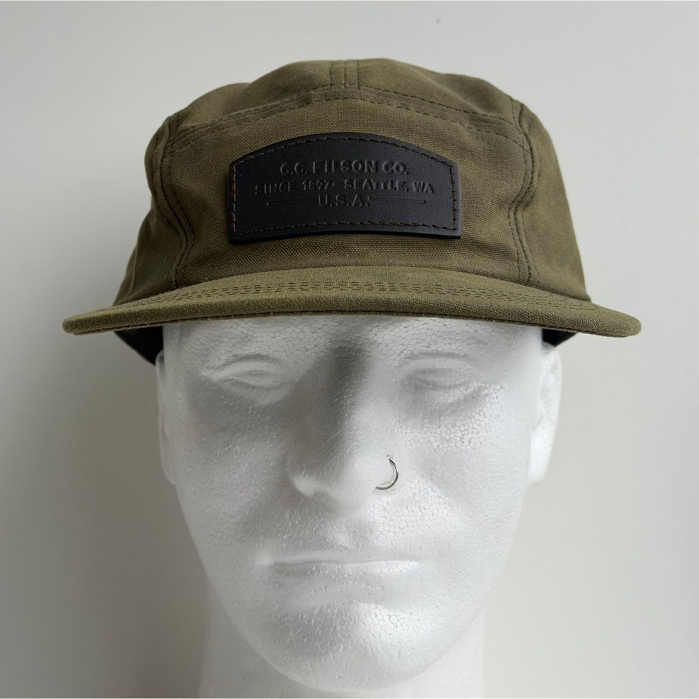 Filson Tin Cloth 5-Panel Cap Mens Olive Green Waxed Canvas Hat Leather Strap - Picture 3 of 10